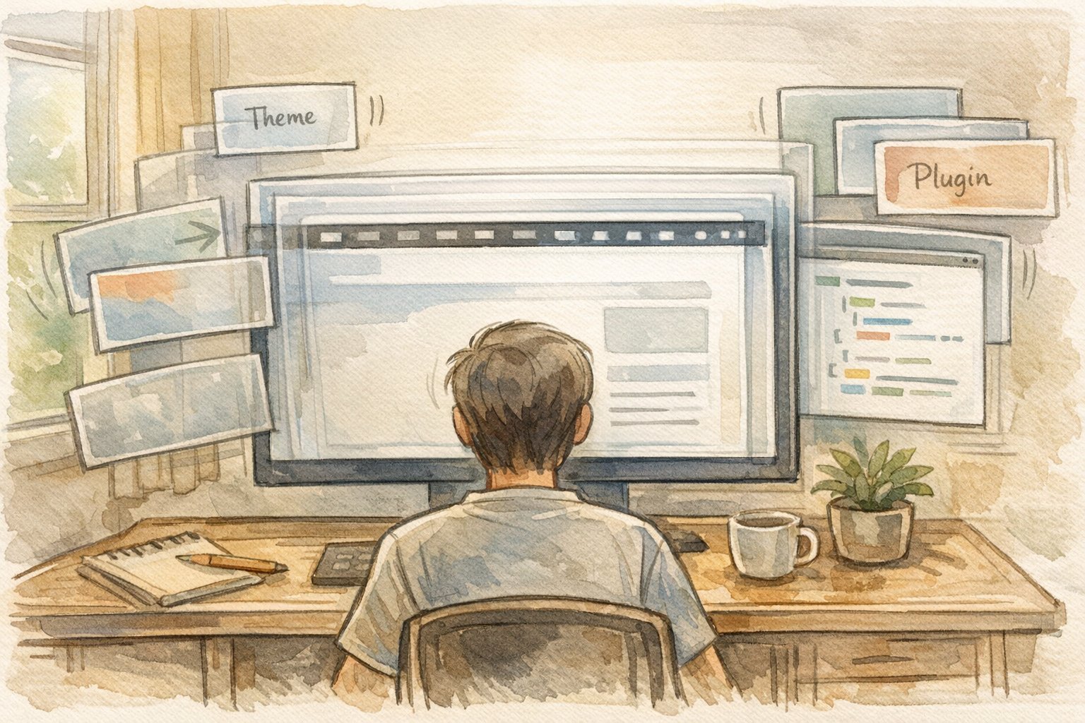 WP ツールバー 表示されない原因を探る作業風景、テーマとプラグイン調整でツールバーが浮かび上がる様子