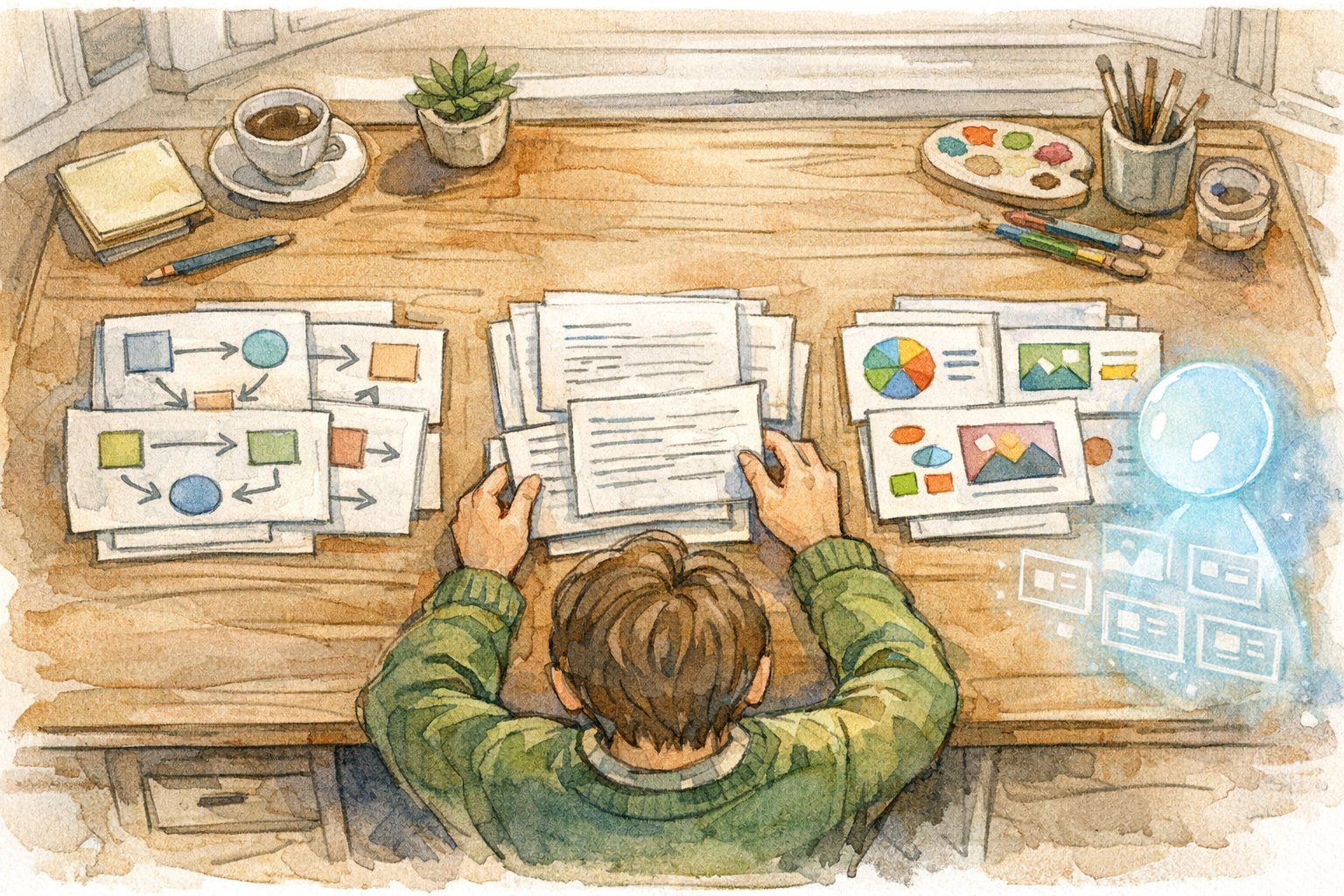 落ち着いたデスクでAI パワポ 作成 時短を検討し、構成・文章・デザイン別に資料を整理する様子