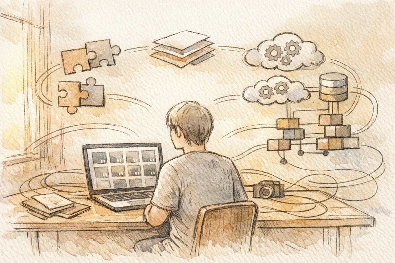 WordPress メディアライブラリ 読み込まない原因を机上で整理し検証する様子を描いたイラスト