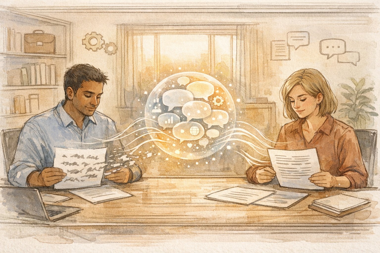 オフィスで多様なビジネス文書を比較しながらAI 翻訳 ビジネスレベル 精度のニュアンスを確認する場面
