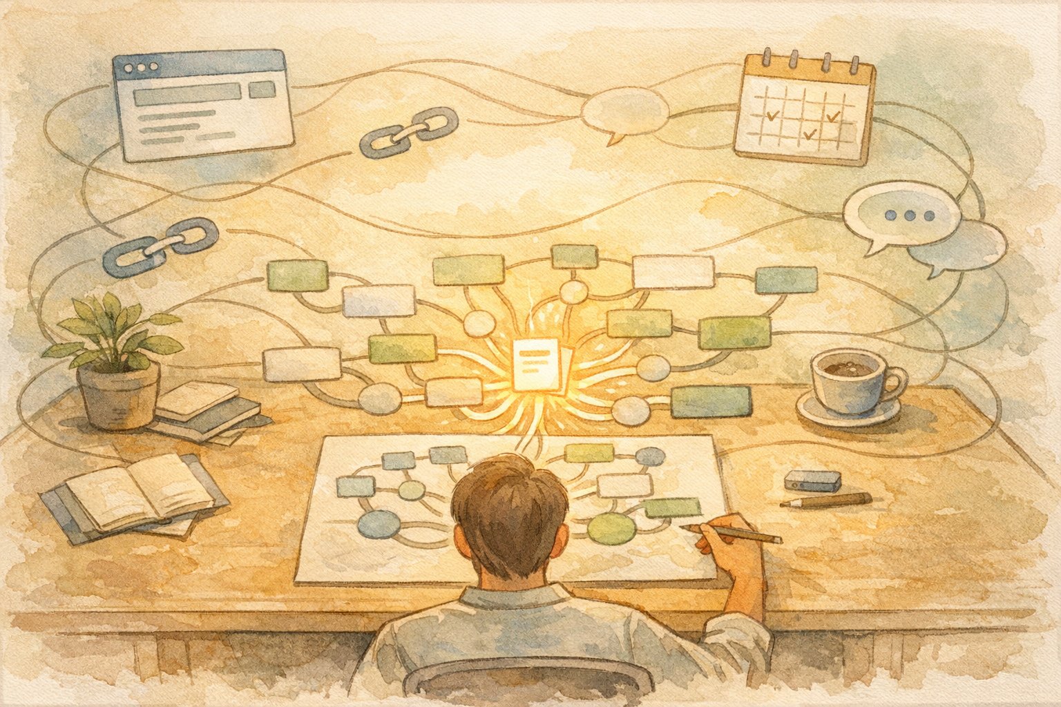 インデックス 促進施策を穏やかなワークスペースとサイトマップの手描きイラストで象徴的に表現