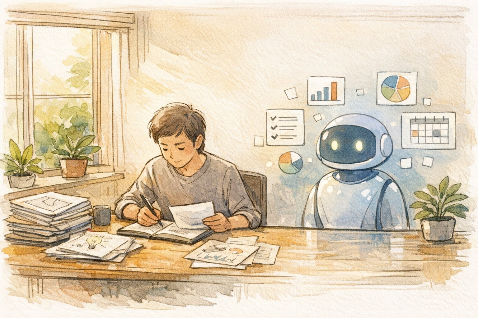 オフィスで人とAIが役割分担して作業する様子を描いたイラスト, AI 秘書 ツール おすすめ