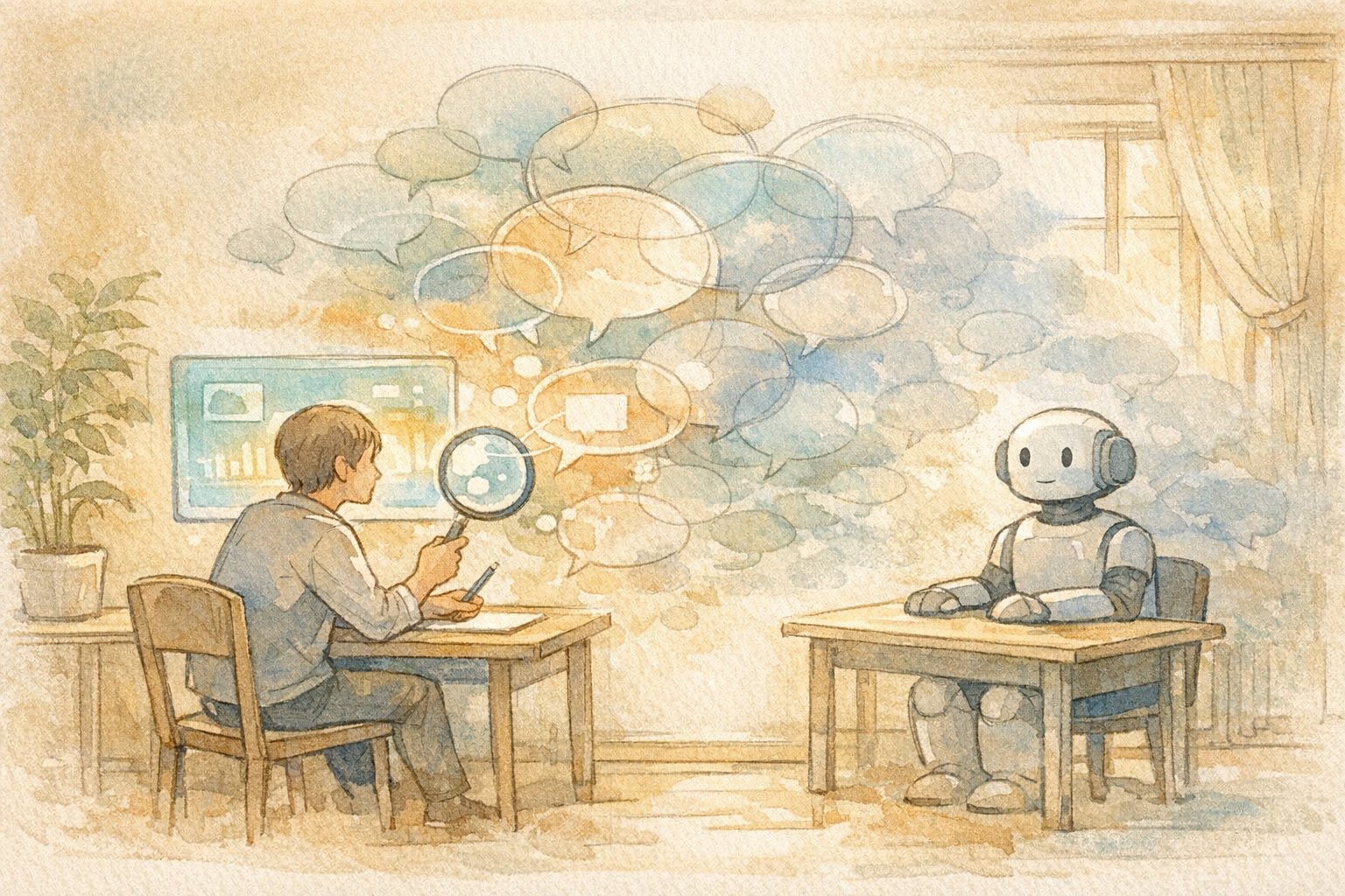 人とAIが向かい合い対話し情報を精査する様子で表現したハルシネーション（嘘） 対策