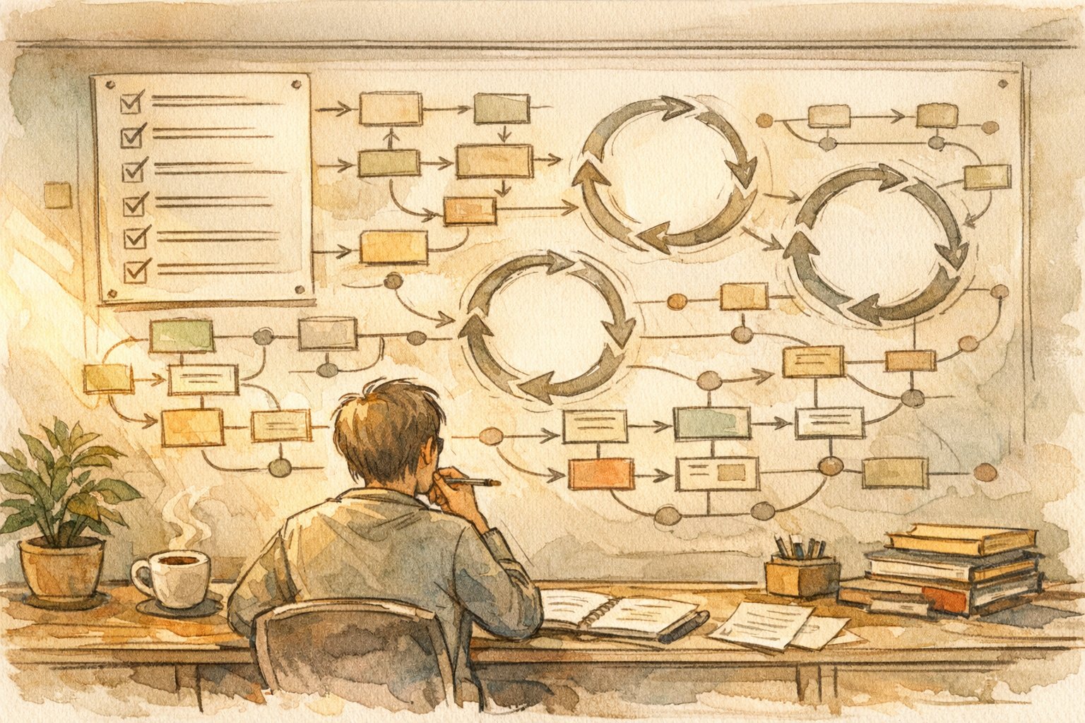 穏やかなワークスペースでカバレッジ エラー 修正を運用フローに組み込む様子を示すイラスト