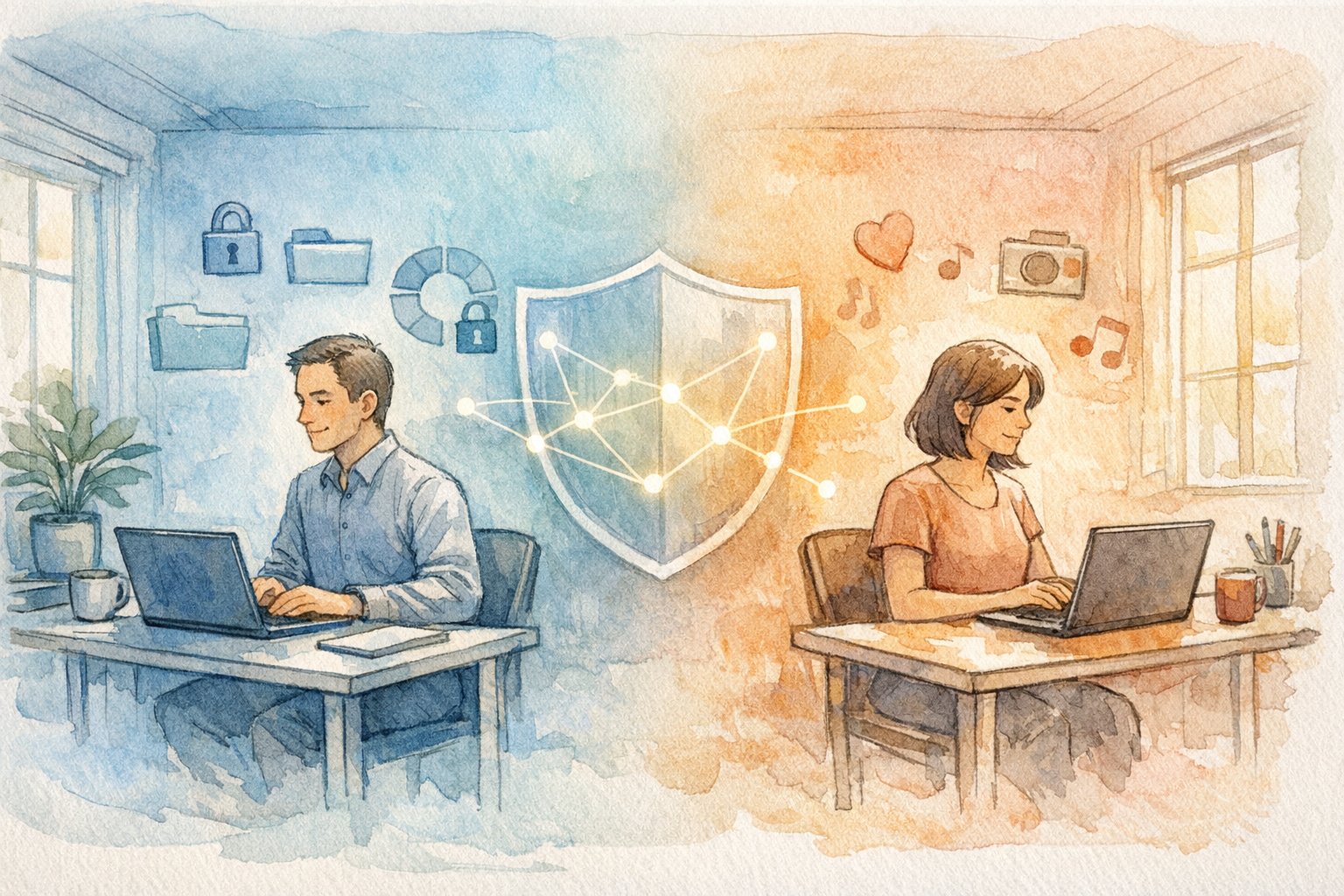 仕事用と個人用の空間を分けAI 情報漏洩 防ぐ 設定を象徴するイラスト
