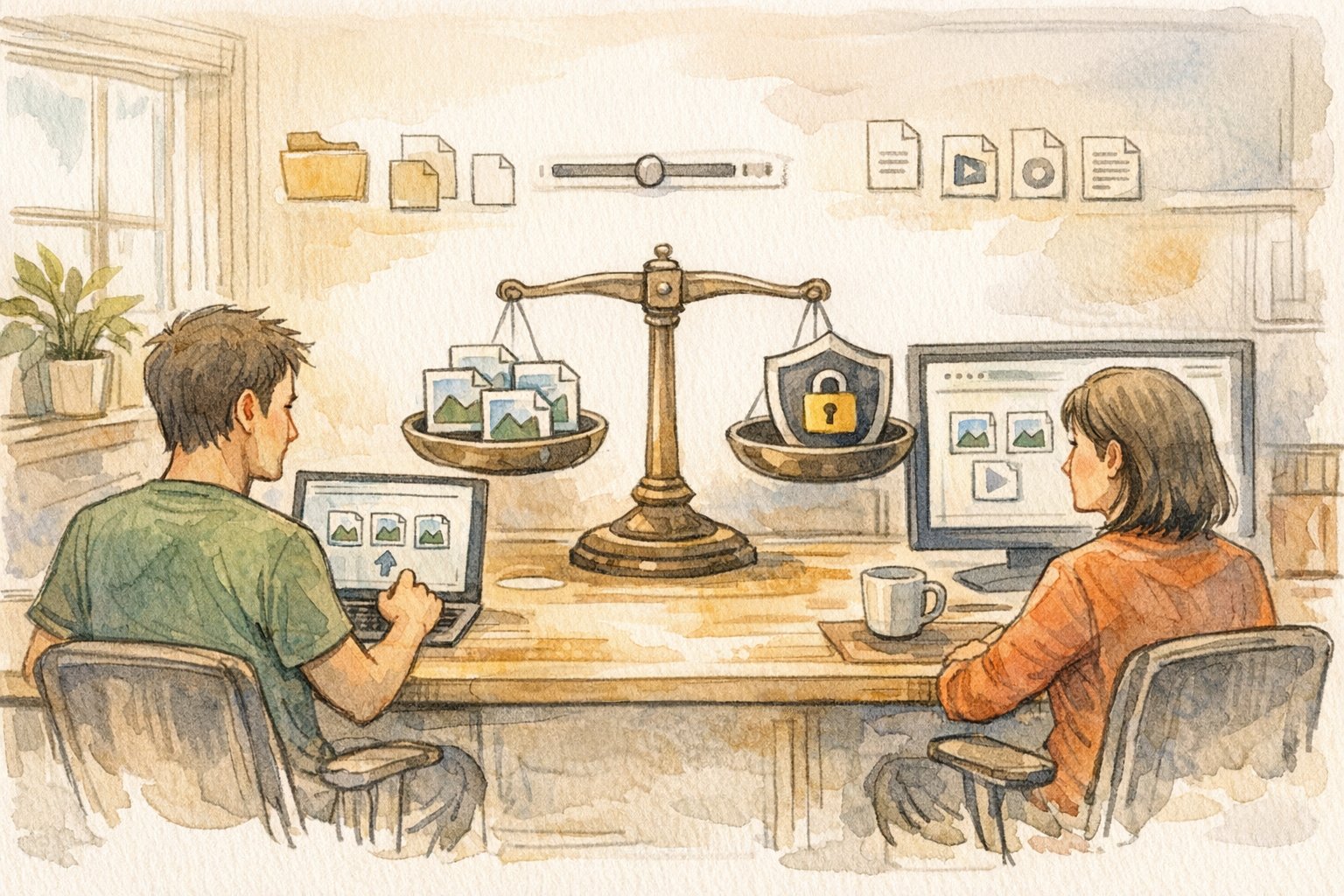 WordPress 寄稿者 画像アップロード 許可とセキュリティ、運用ルールのバランスを象徴するイラスト