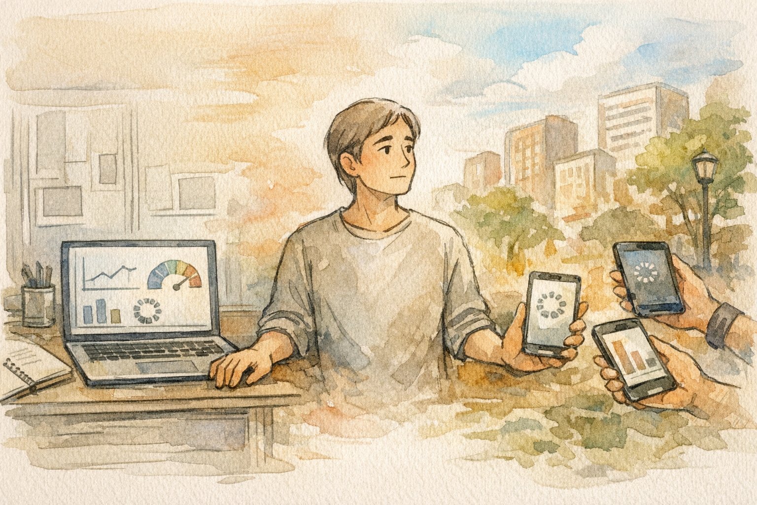 LCP 改善におけるツール計測と現場感覚のずれを対比した手描きイラスト