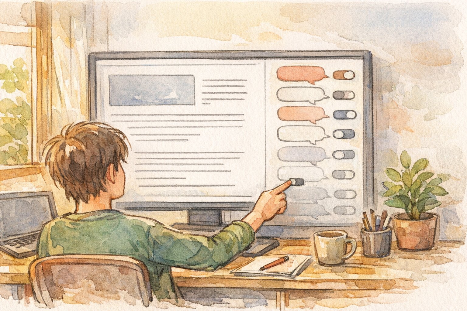 静かな作業デスクでWP コメント欄 消したい設定を調整する様子