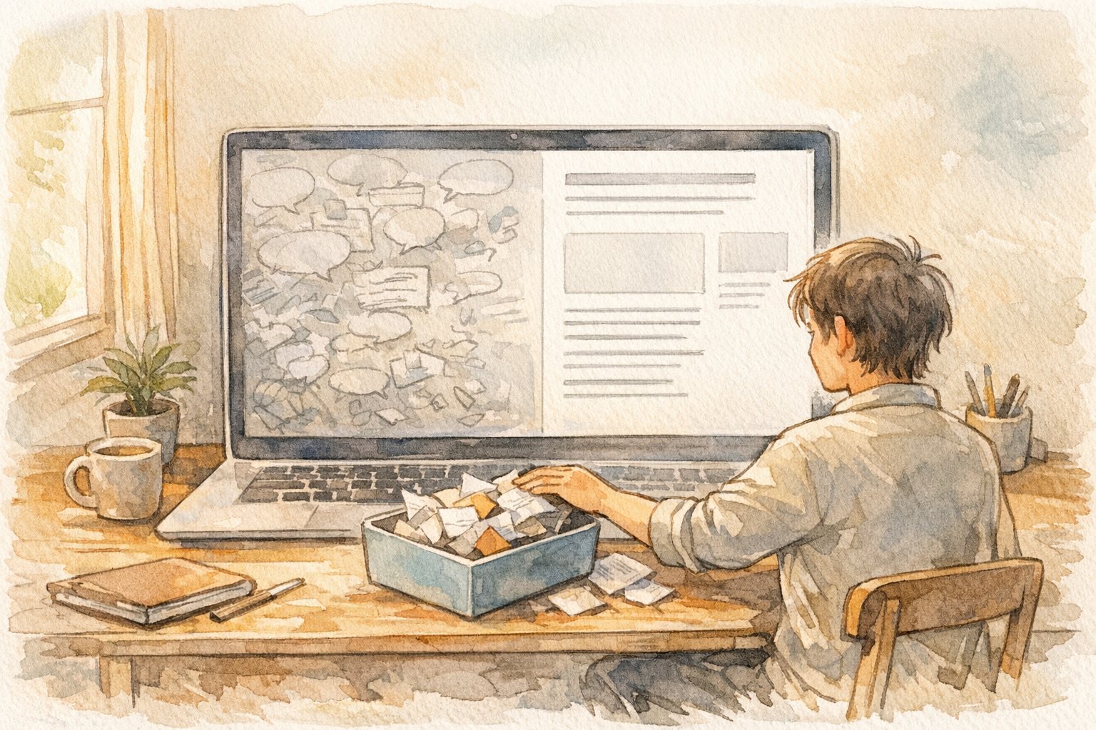 WP コメント欄 消したい理由を整理し、散らかった情報を整理する執筆者の作業シーン