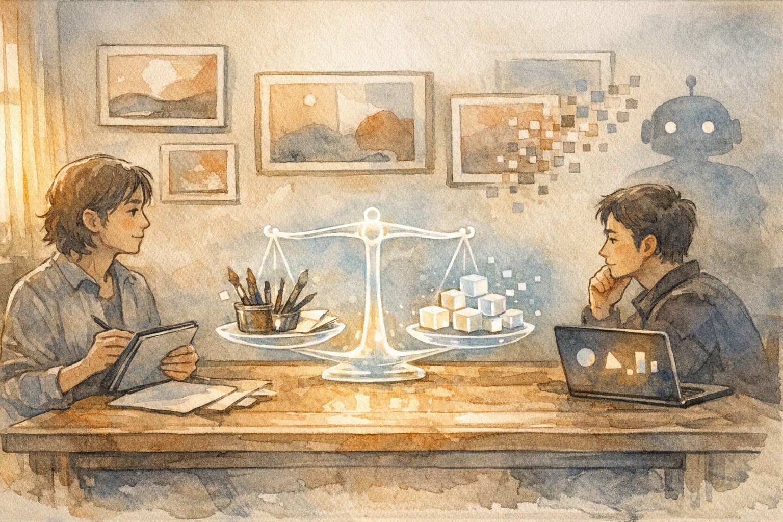 生成AIとクリエイターが向き合う制作現場、AI 倫理 問題 事例を象徴する天秤と光のデータ