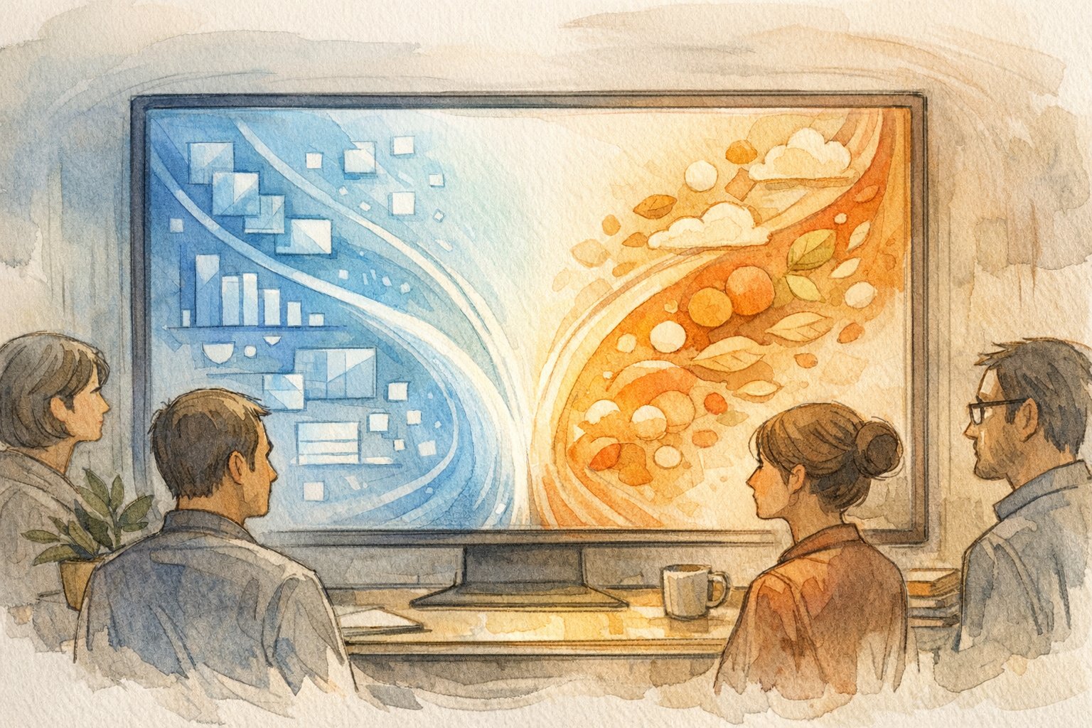 抽象的なインターフェースを前にAI バイアス 偏り 理由を象徴的に示す二つの光の道