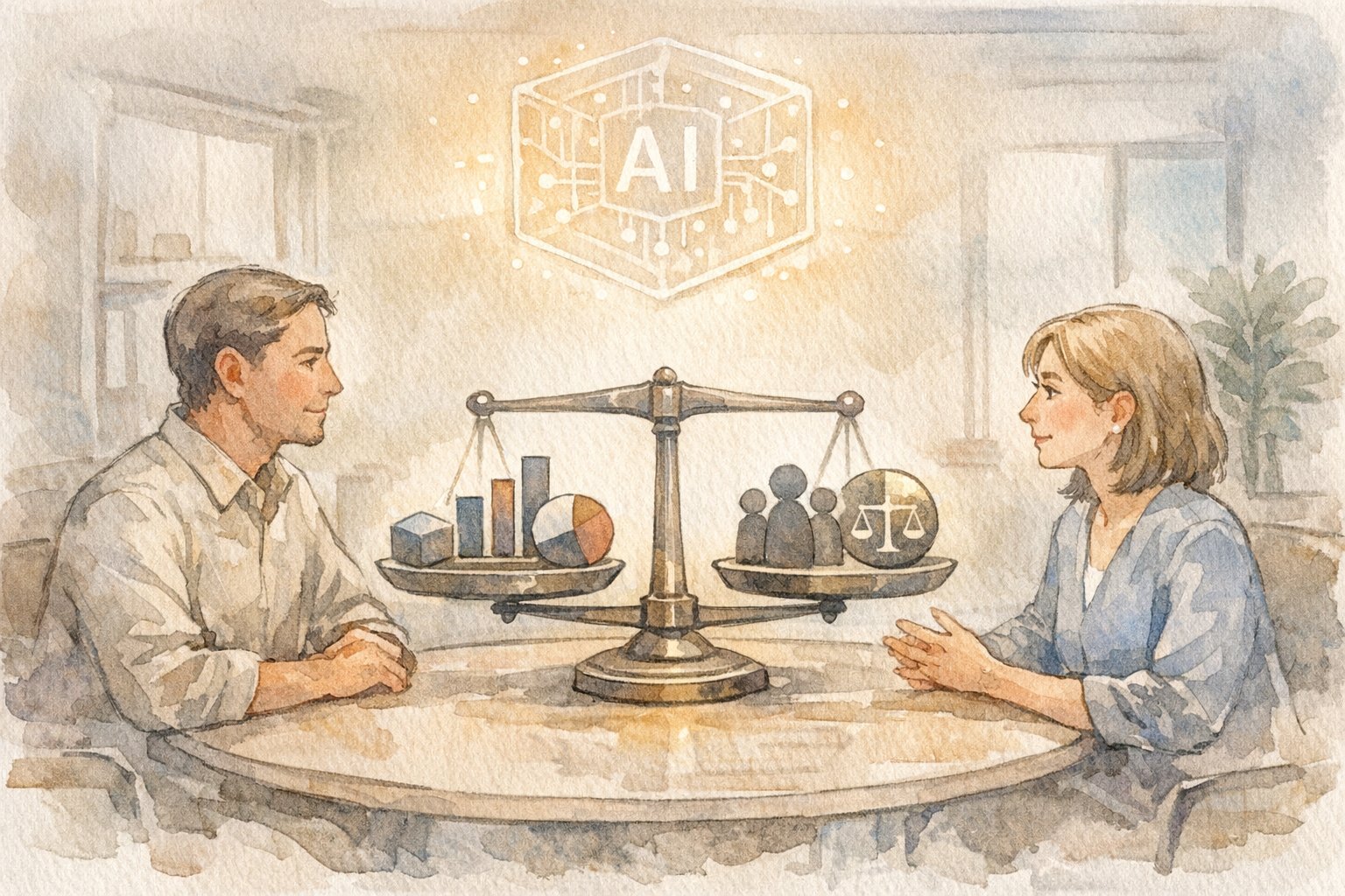 ビジネス会議でAI バイアス 偏り 理由を議論し、公平性と効率のバランスを示すイラスト