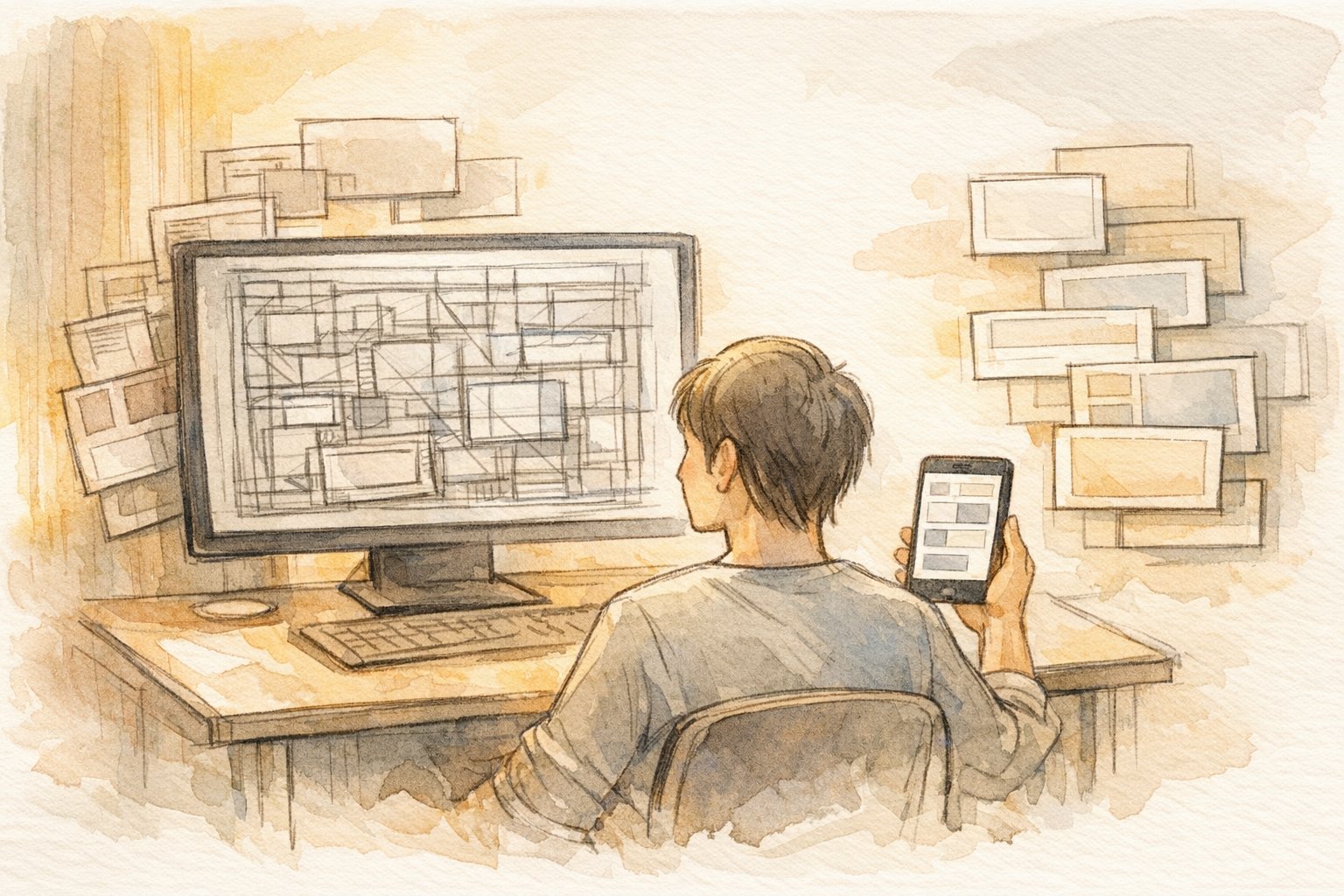 モバイルフレンドリー 対応でデスクトップとスマホ画面の情報量とレイアウト差を比較するイラスト