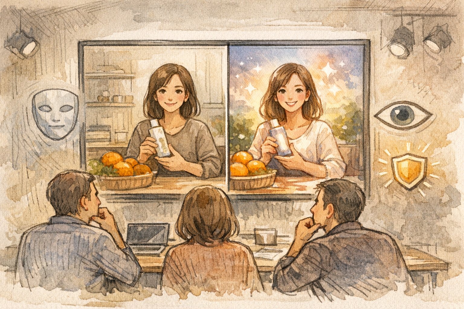 スタジオで広告表現の差異を比較する人物たち, ディープフェイク 悪用 防止の倫理的判断
