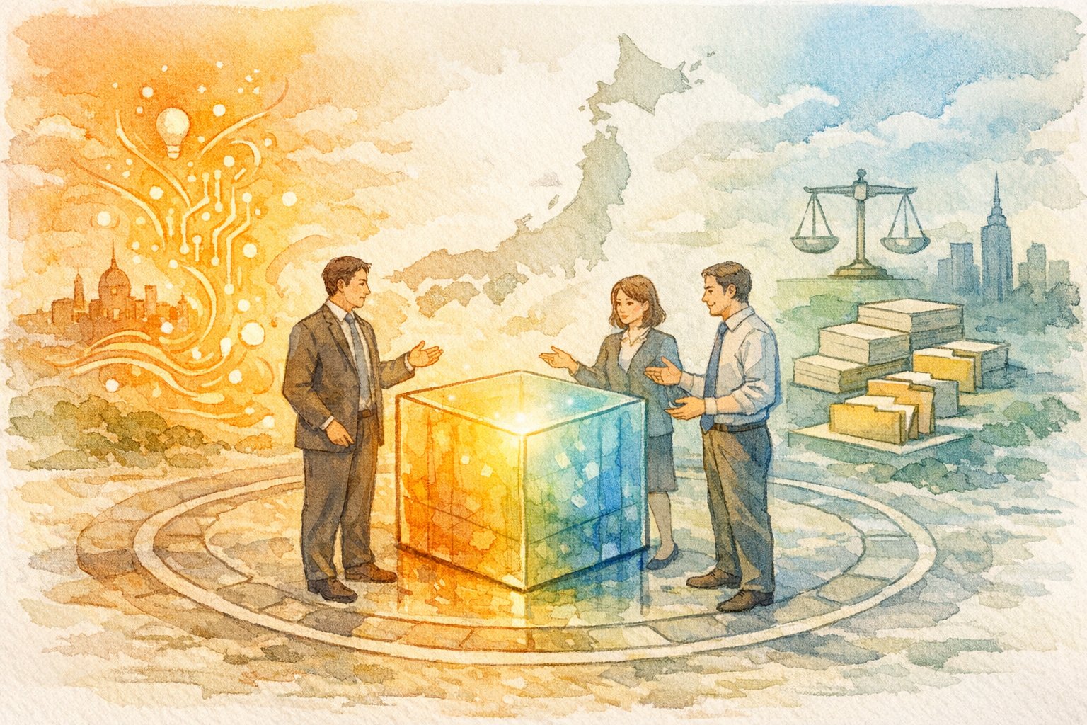 生成AI 法規制 日本の現状を象徴的に描いた構図、日本と欧米の議論のバランス