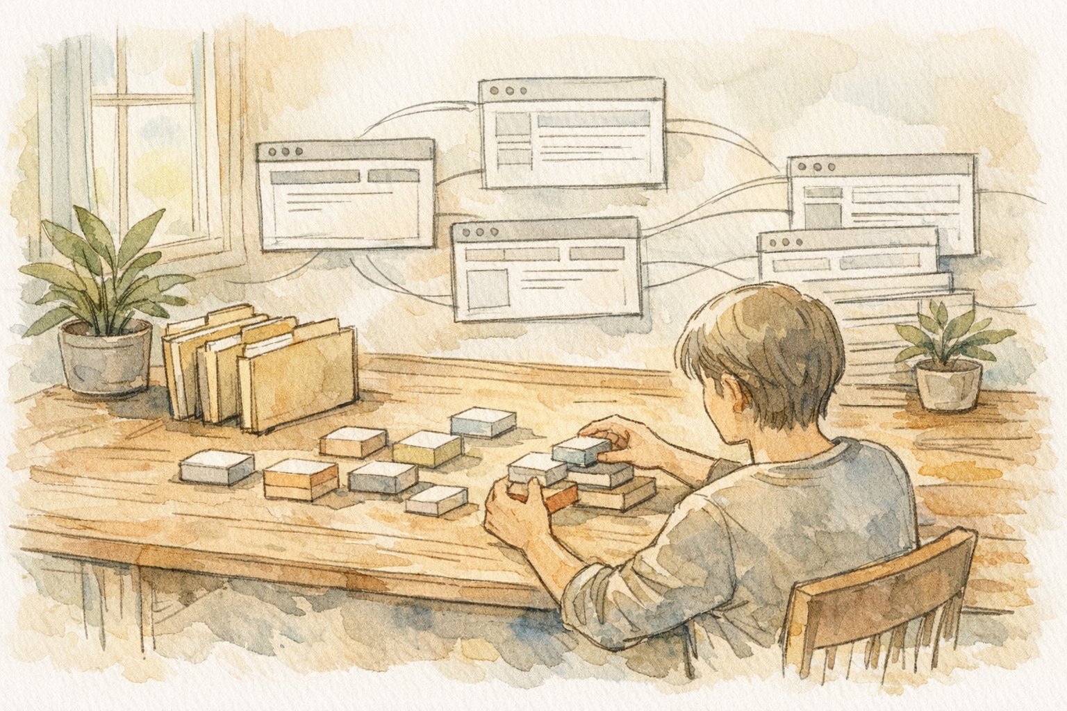 運用しやすいWordPress 見出し デザイン CSS構造を整理する落ち着いたワークスペースのイラスト