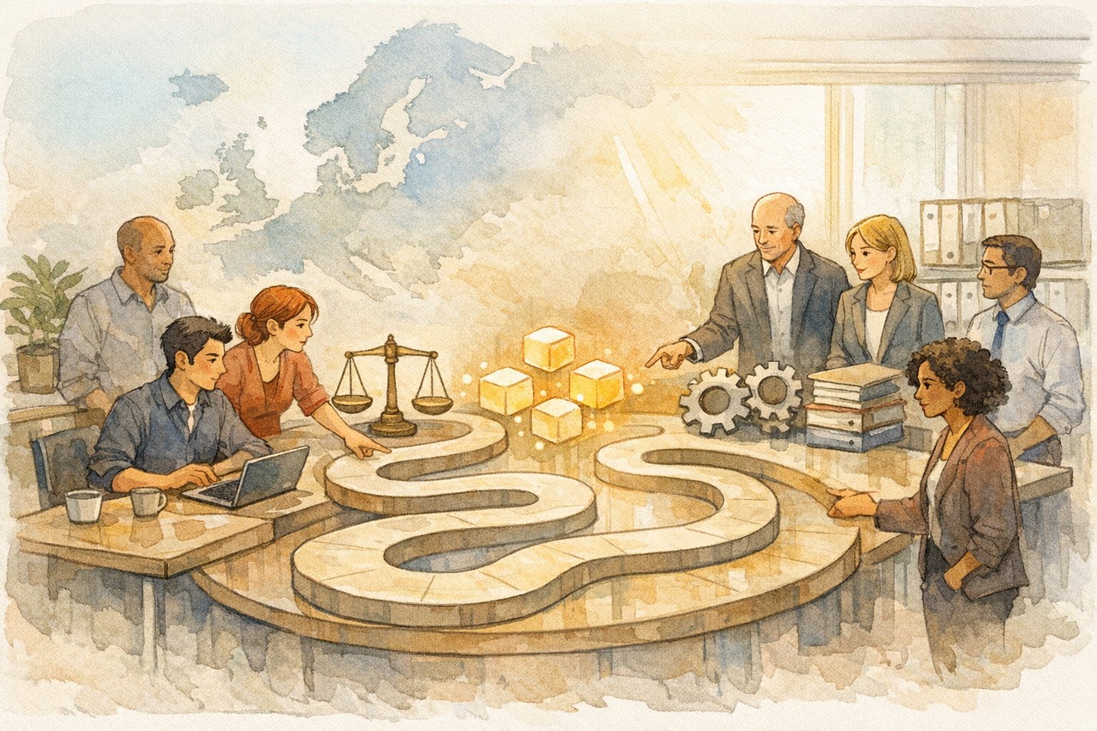 EU AI法 影響を象徴的に描くイラスト、小規模企業と大企業が規制と機会の間で協議