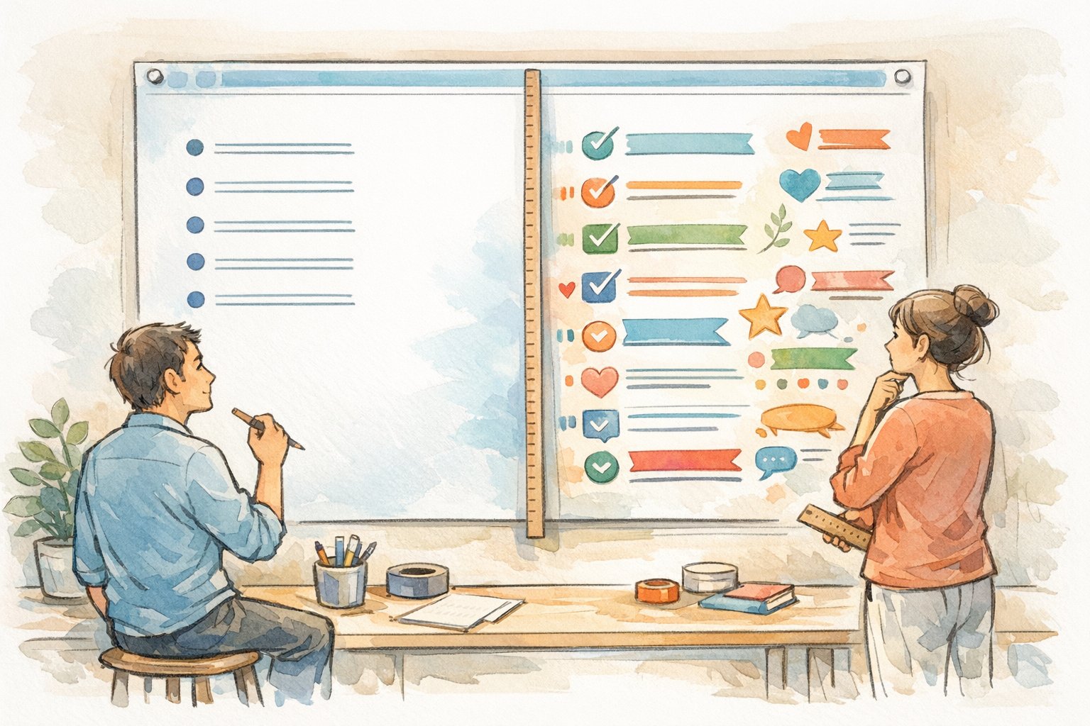 WP 箇条書き リスト デザインのバランスを検討するワークスペースのイラスト