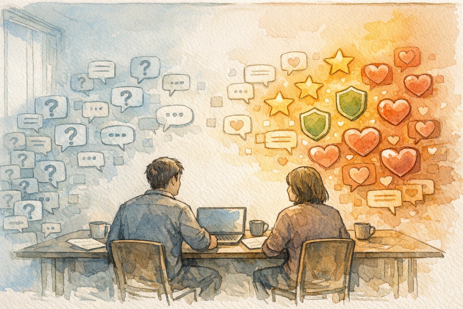 FAQ 構造化データで質問を価値ある情報へ変換する様子を描いた手描きイラスト