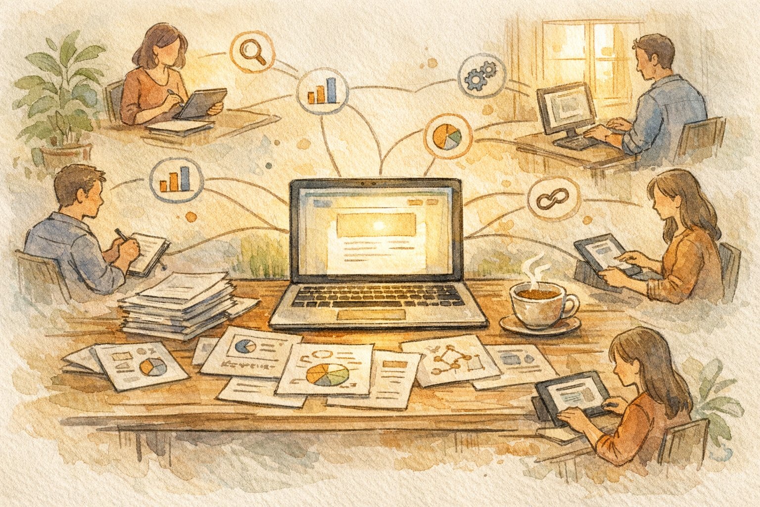 自然な被リンクを増やす方法を象徴的に描いた、中心サイトへ信頼あるリンクが集まるイラスト