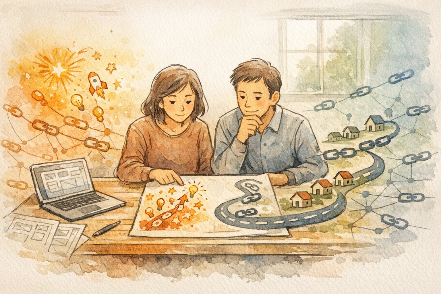 短期施策と長期施策を比較しながら被リンク 増やす 方法を整理するイラスト
