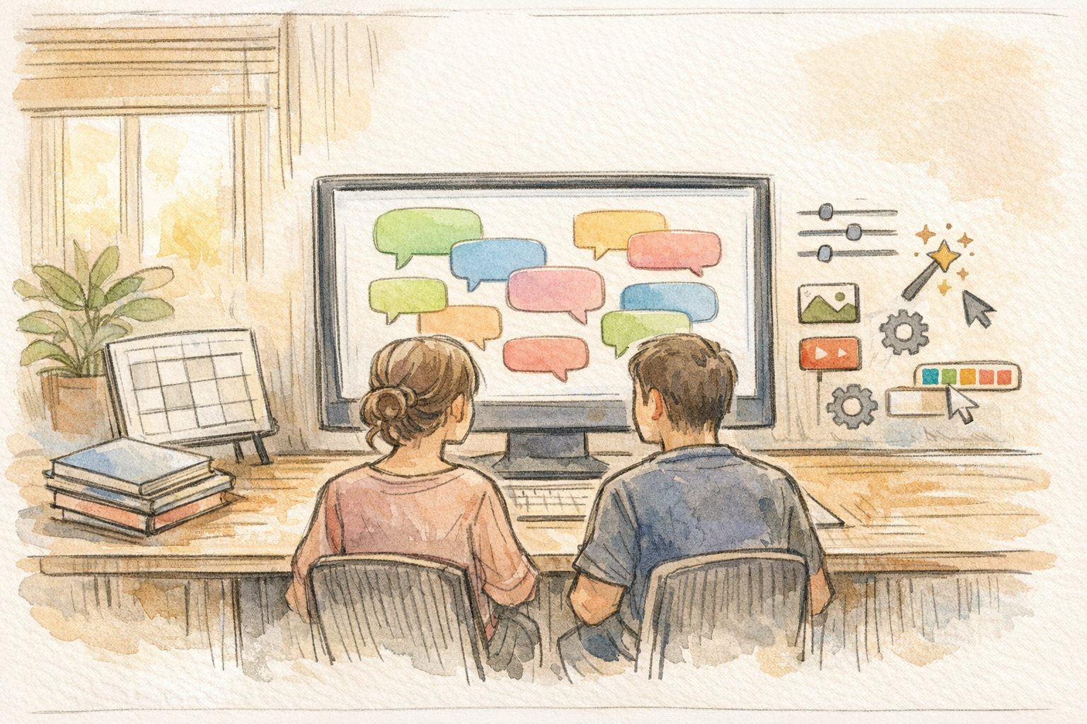 WP 吹き出し 使い方 デザインを検討する二人の大人とPC画面上の会話風バルーン