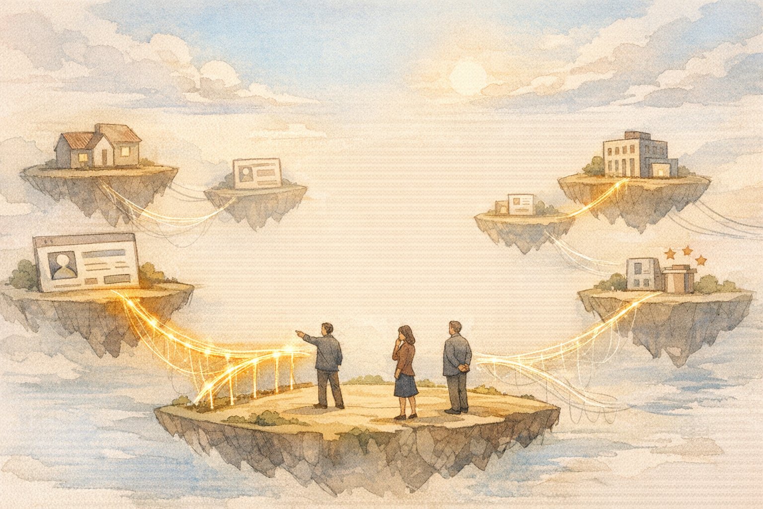 穏やかな抽象風景で島々を橋が結ぶ比喩的イラスト、リンクビルディングの距離感と信頼関係
