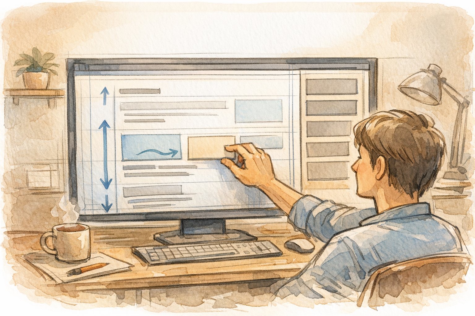 WordPress サイドバー 固定方法を検討する作業机と画面レイアウトのイラスト