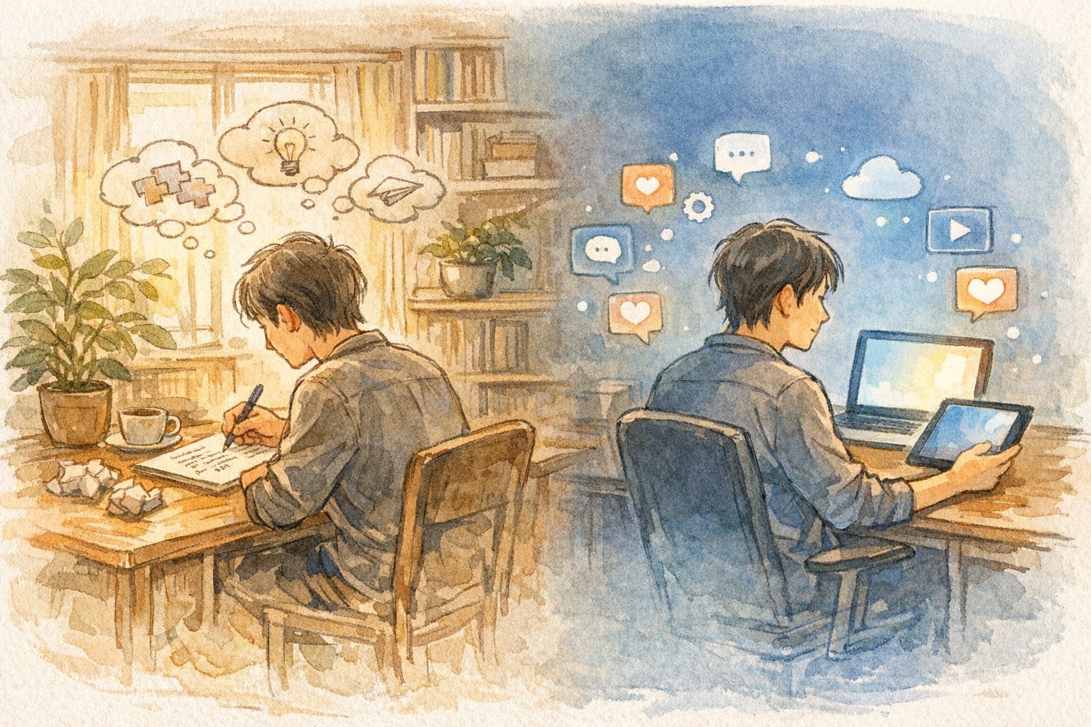 AI 依存症 リスクで個人の認知が変化する様子を描いたオフィスイラスト