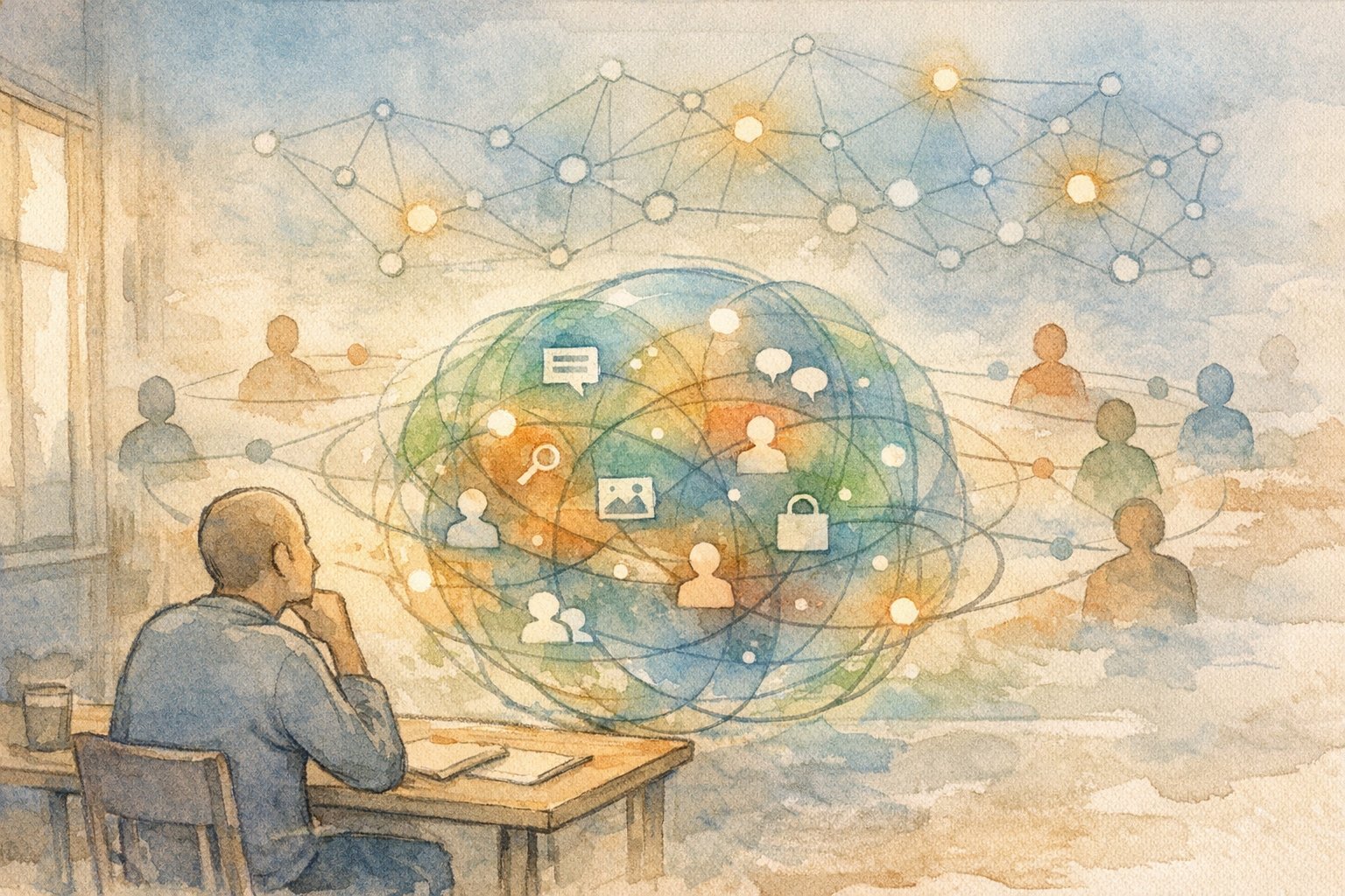 情報の層を重ねた地球儀と人物イラストで示す、サイテーション SEOの概念