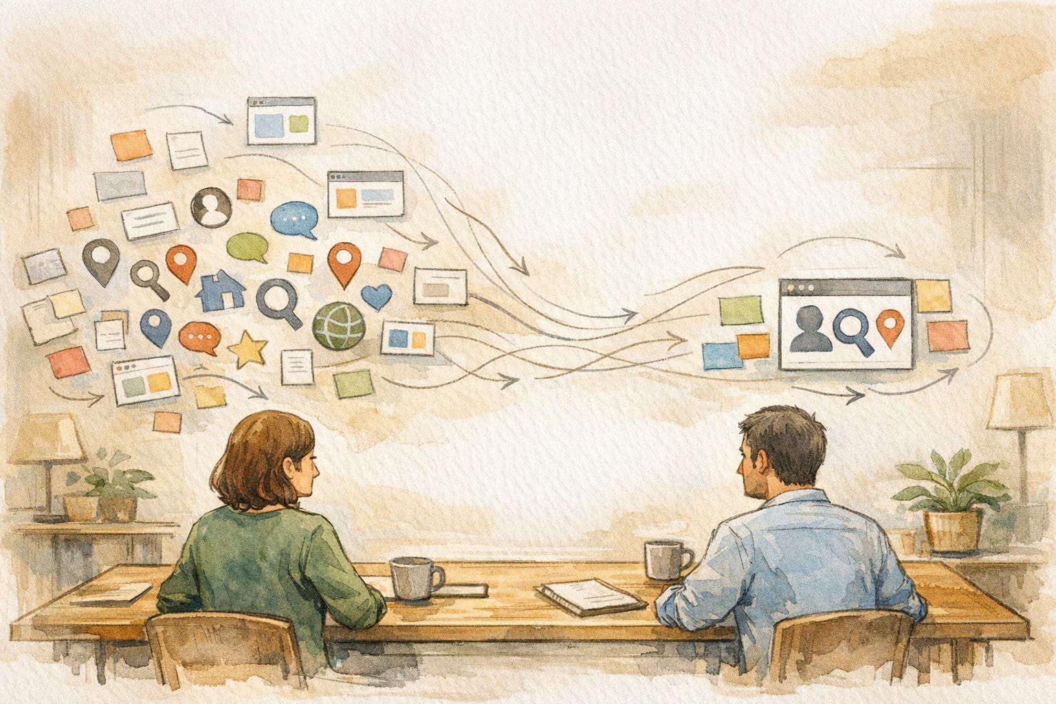 サイテーション SEOでオンライン上の名称表記を整理し統一する様子を示すイラスト
