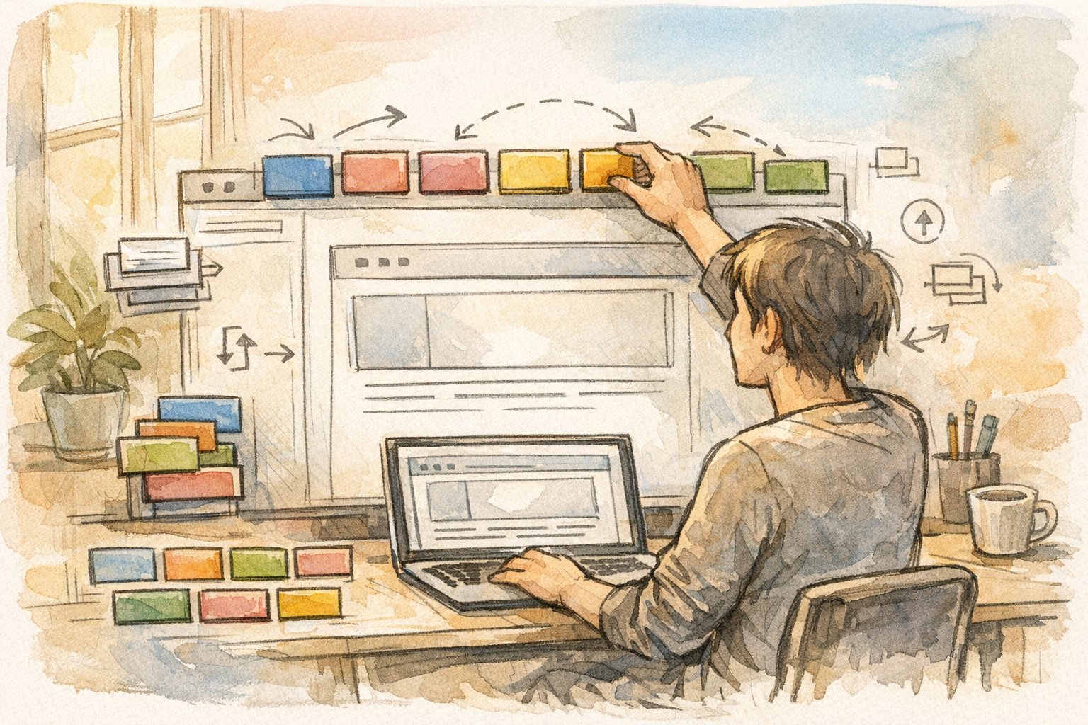 WP ヘッダーメニュー 作り方を整理しながら、ドラッグ操作で項目を配置する作業机の様子
