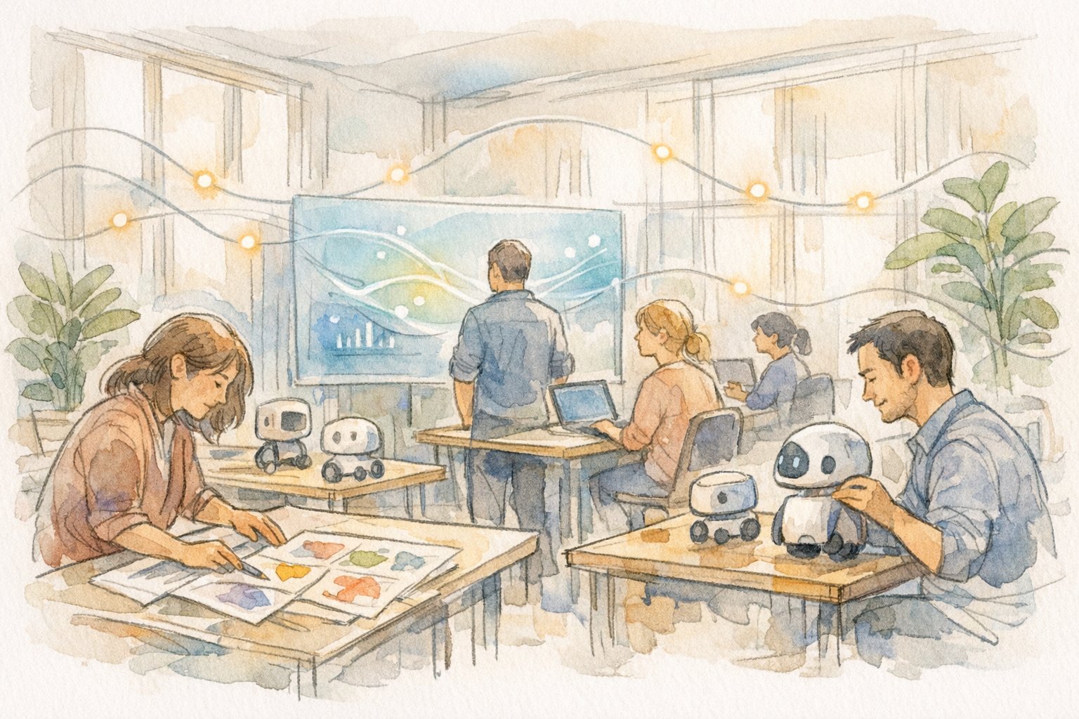 明るいオフィスで人とAIが協調し新しい役割を生み出す様子, 人間の仕事 AI に奪われる文脈