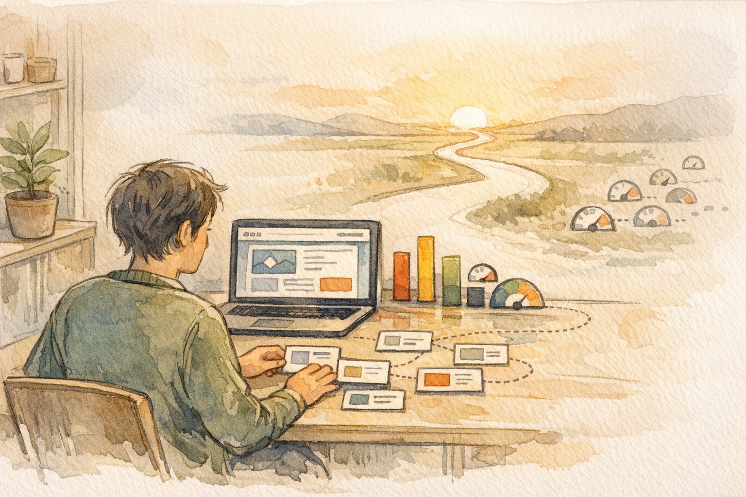 ドメインパワー 上げる施策と長期的なサイト成長を天秤にかけて整理するイラスト