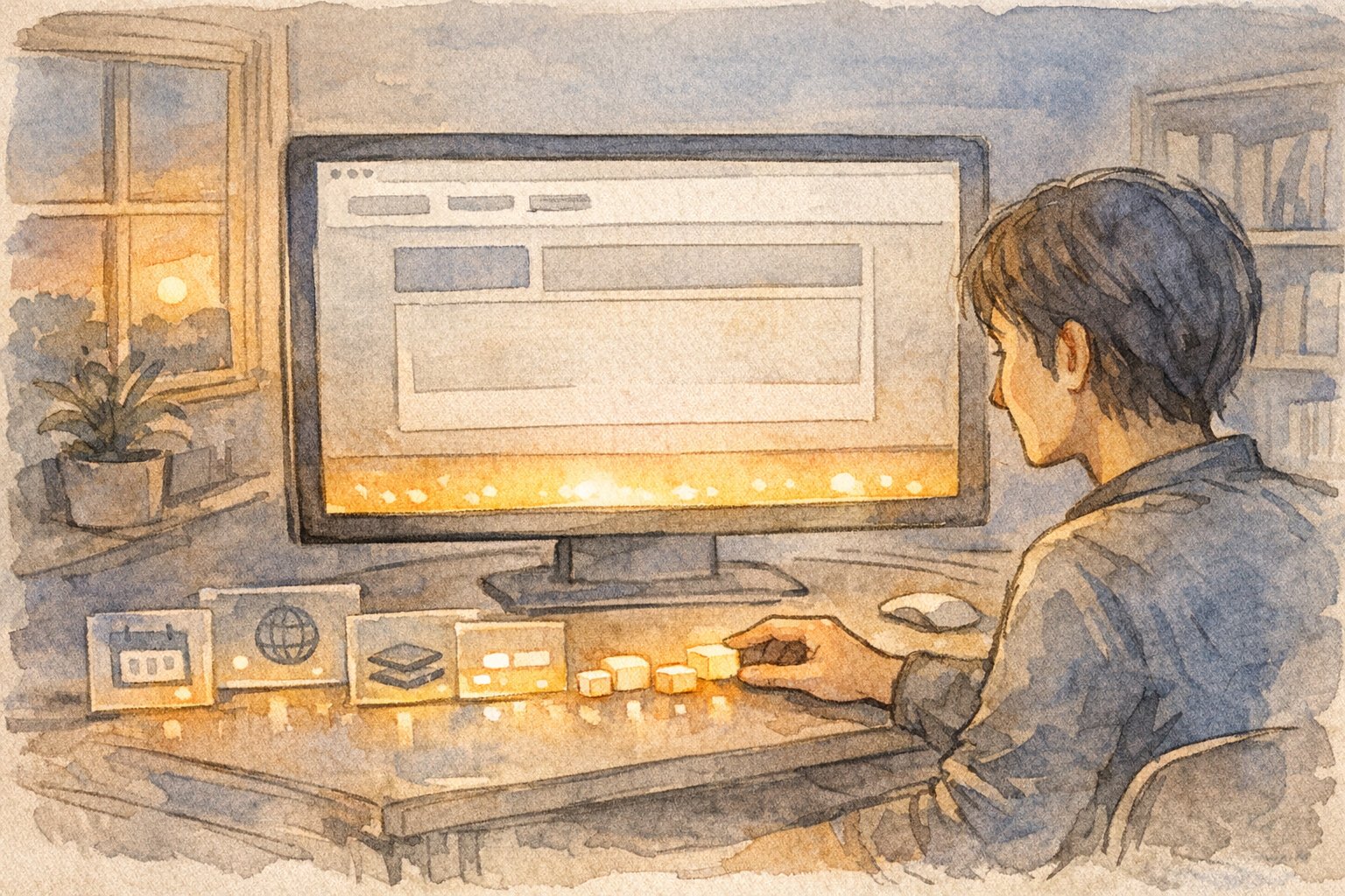 WordPress フッター 著作権 書き換えの前に標準表記を観察する様子のイラスト