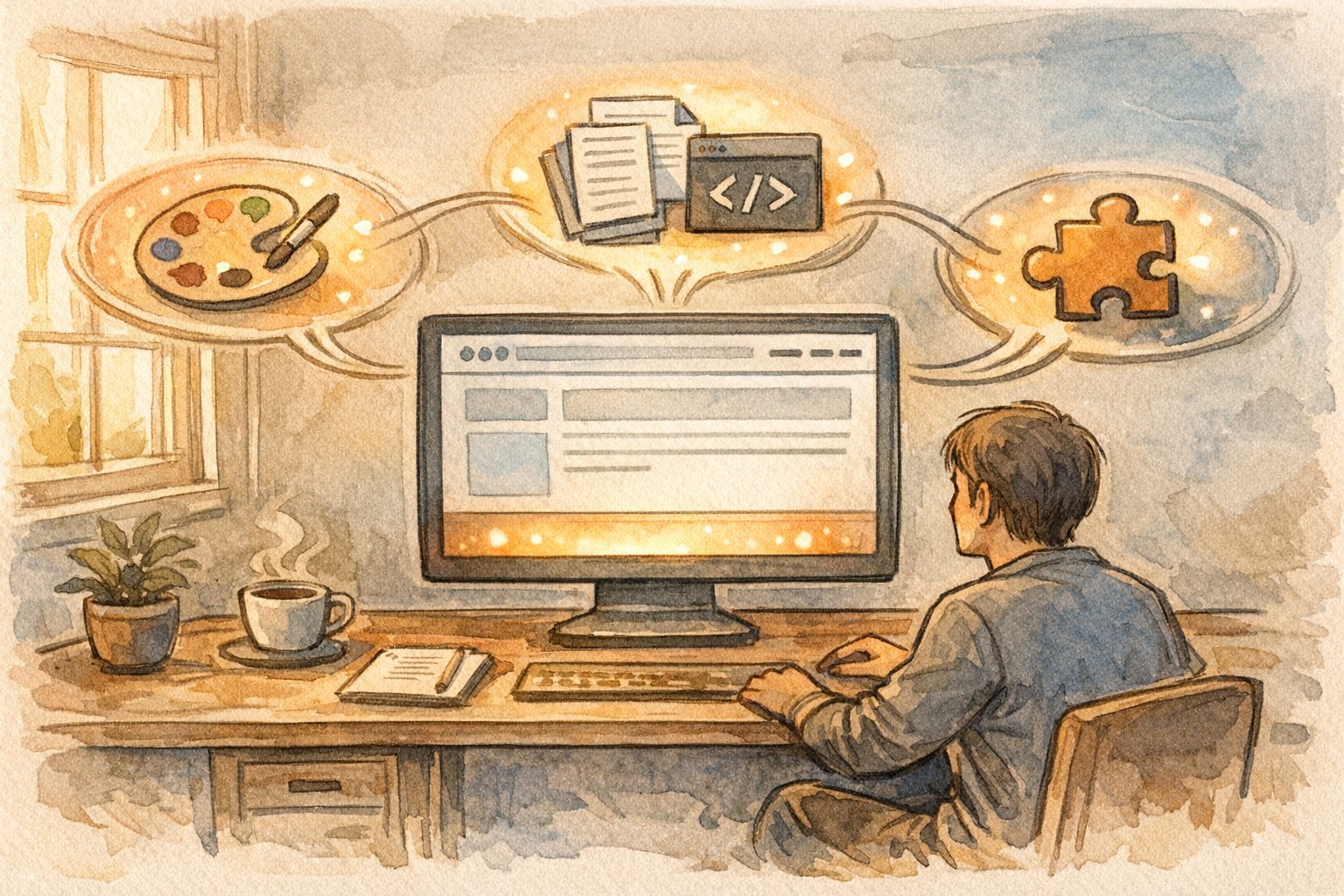 WordPress フッター 著作権 書き換えの方法を比較検討するデスク周りのイラスト