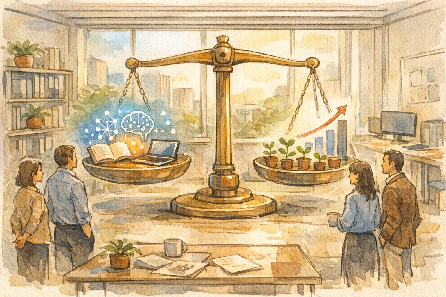 AI リテラシー 教育への投資とビジネス成果のバランスを象徴的に描いたイラスト