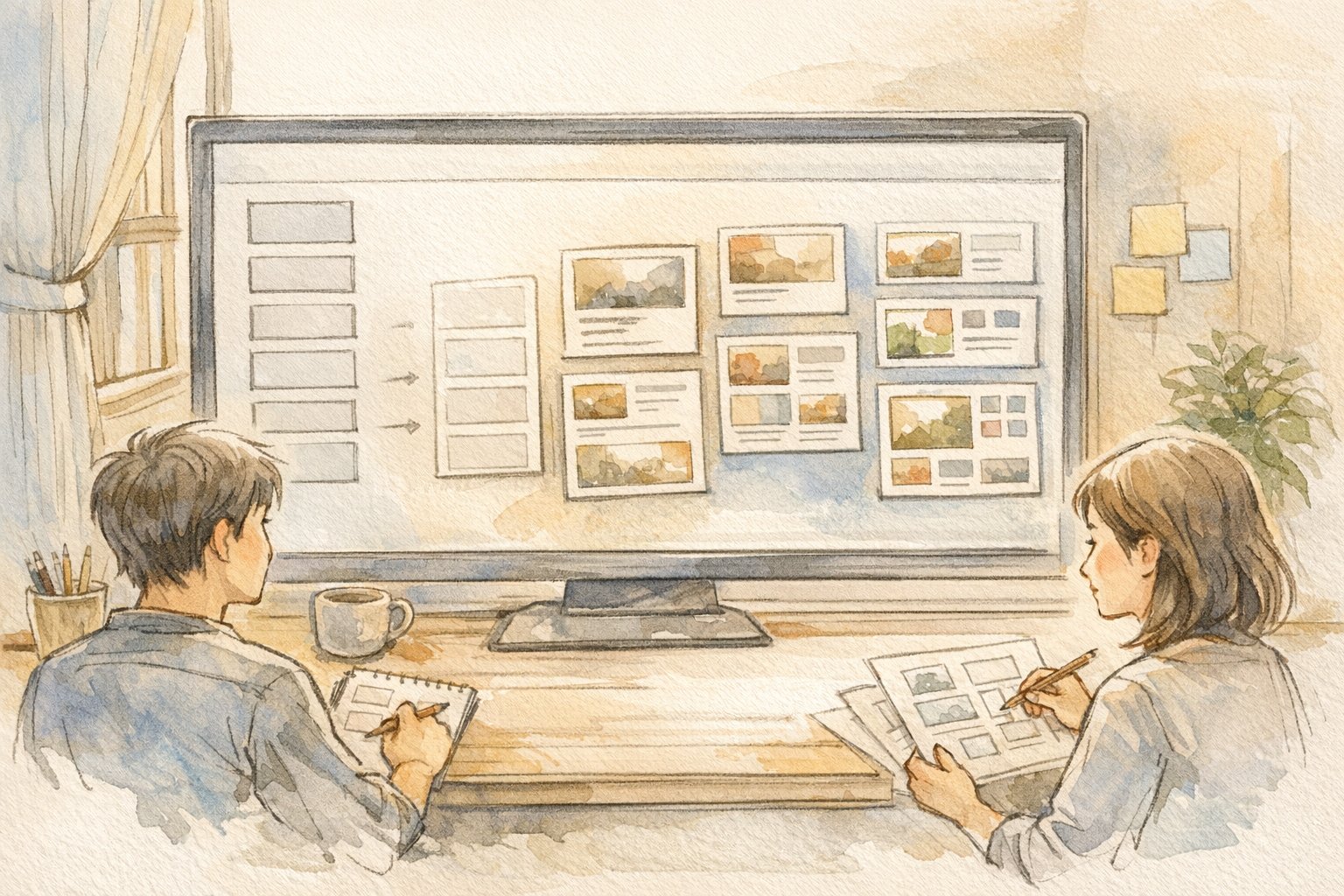 WordPress 記事一覧 デザイン 変更のイメージとして、標準の縦並び一覧が多様なカードレイアウトへ変化する様子