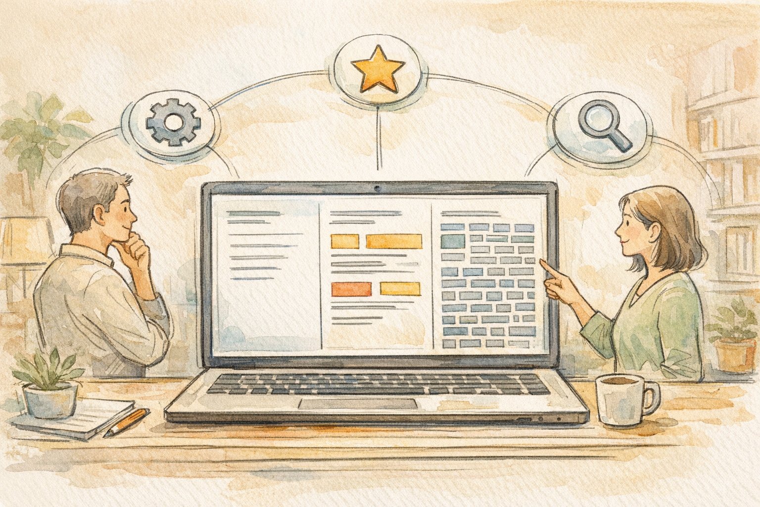 WordPress 記事一覧 デザイン 変更を検討しカテゴリ別・タグ別表示のバランスを考えるイラスト