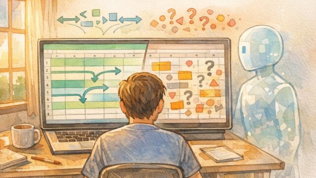Excel マクロ AI 作成の依頼で、明確な指示と曖昧な指示の違いを示す机上のイラスト