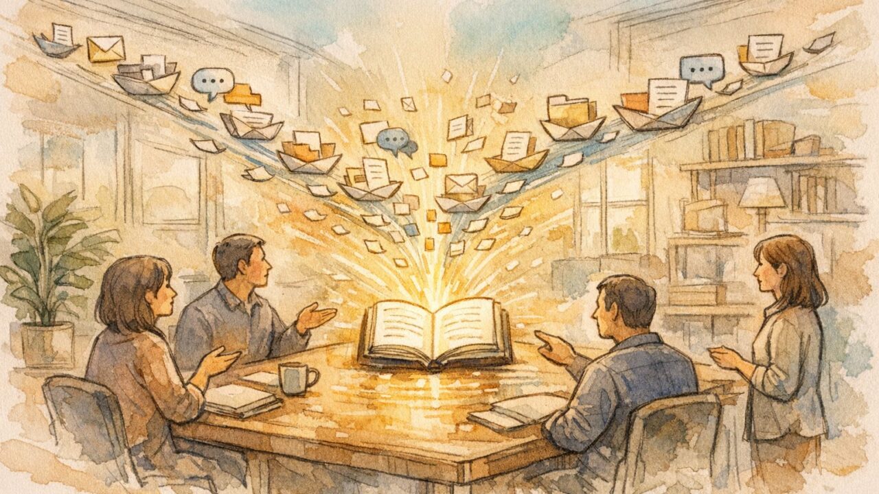 社内ナレッジが穏やかに集約される様子を描いたイラスト, AI 社内 Wiki 構築
