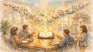 社内ナレッジが穏やかに集約される様子を描いたイラスト, AI 社内 Wiki 構築