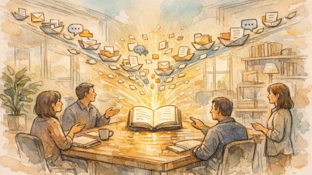 社内ナレッジが穏やかに集約される様子を描いたイラスト, AI 社内 Wiki 構築