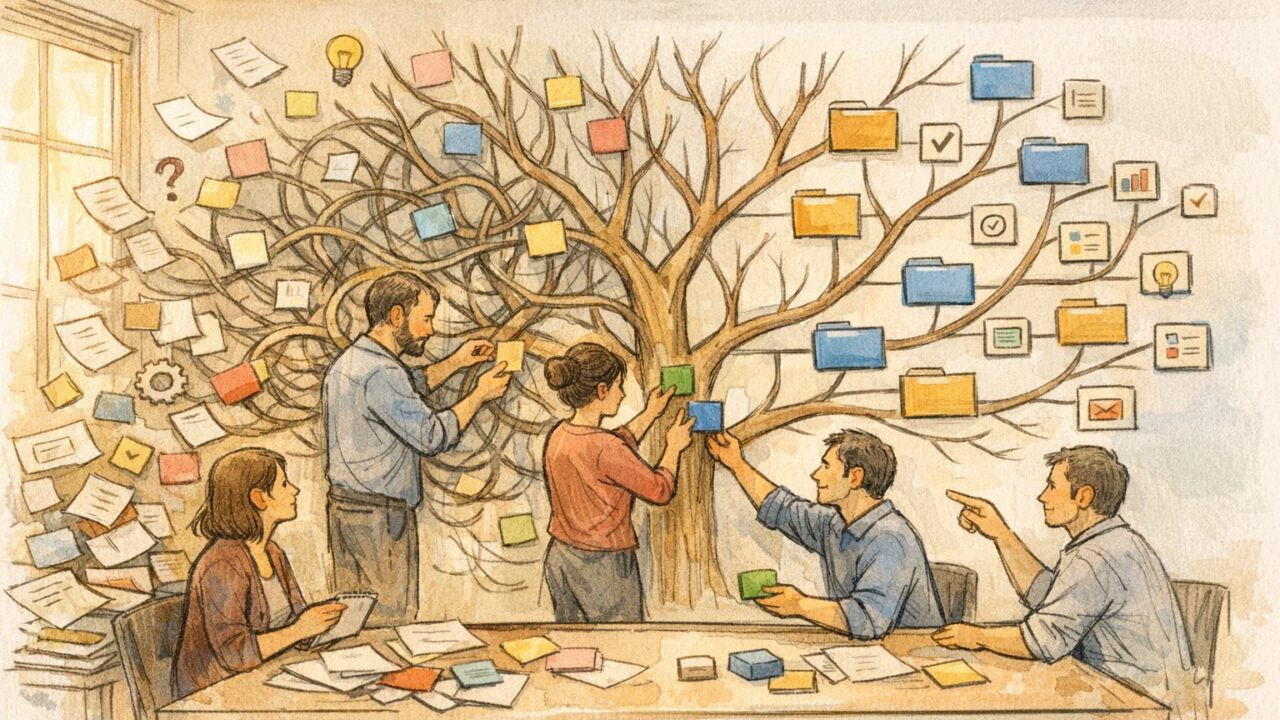 散らかった情報をチームで整理しながら分類する様子で示す、カテゴリー分け コツ