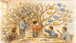 散らかった情報をチームで整理しながら分類する様子で示す、カテゴリー分け コツ
