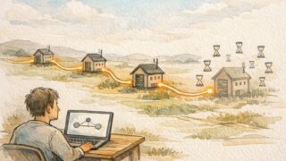 穏やかなネットワーク上で一部だけ遅い家型サーバーを描いたイラスト, 504 Gateway Timeout 直し方の概念説明