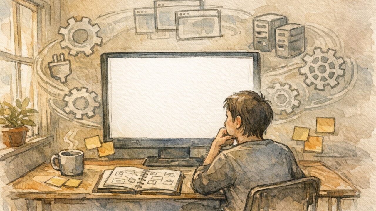 WordPress 画面が真っ白になった状況を整理し冷静に原因を考えるデスクワークシーン