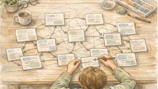 机上でメモをつなげて整理する人物と内部リンク 構造のイメージイラスト