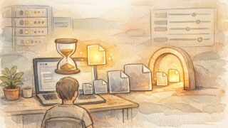 WordPress ファイルアップロード サイズ上限 変更をイメージした、制約と調整を示す手描きイラスト