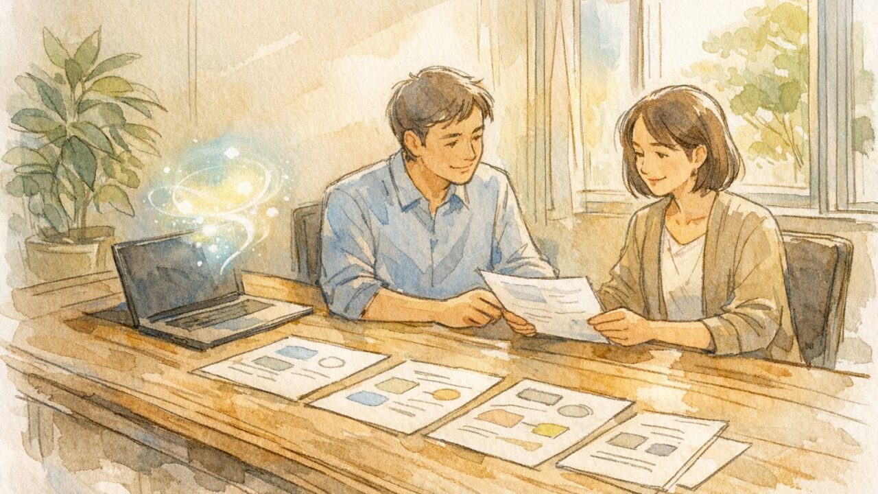 AI 稟議書 書き方を象徴する、落ち着いた対話と文書を共有するオフィス風景